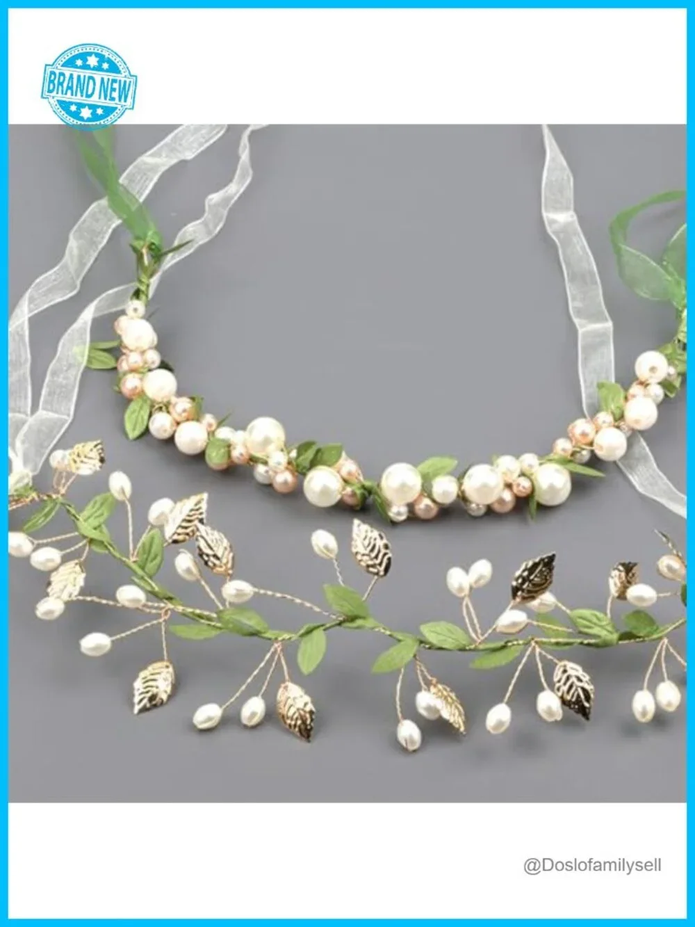 2 Pcs Faux Pearl Leaf Hair Vine Ribbon Headband Fairy Wedding Hair Accessory